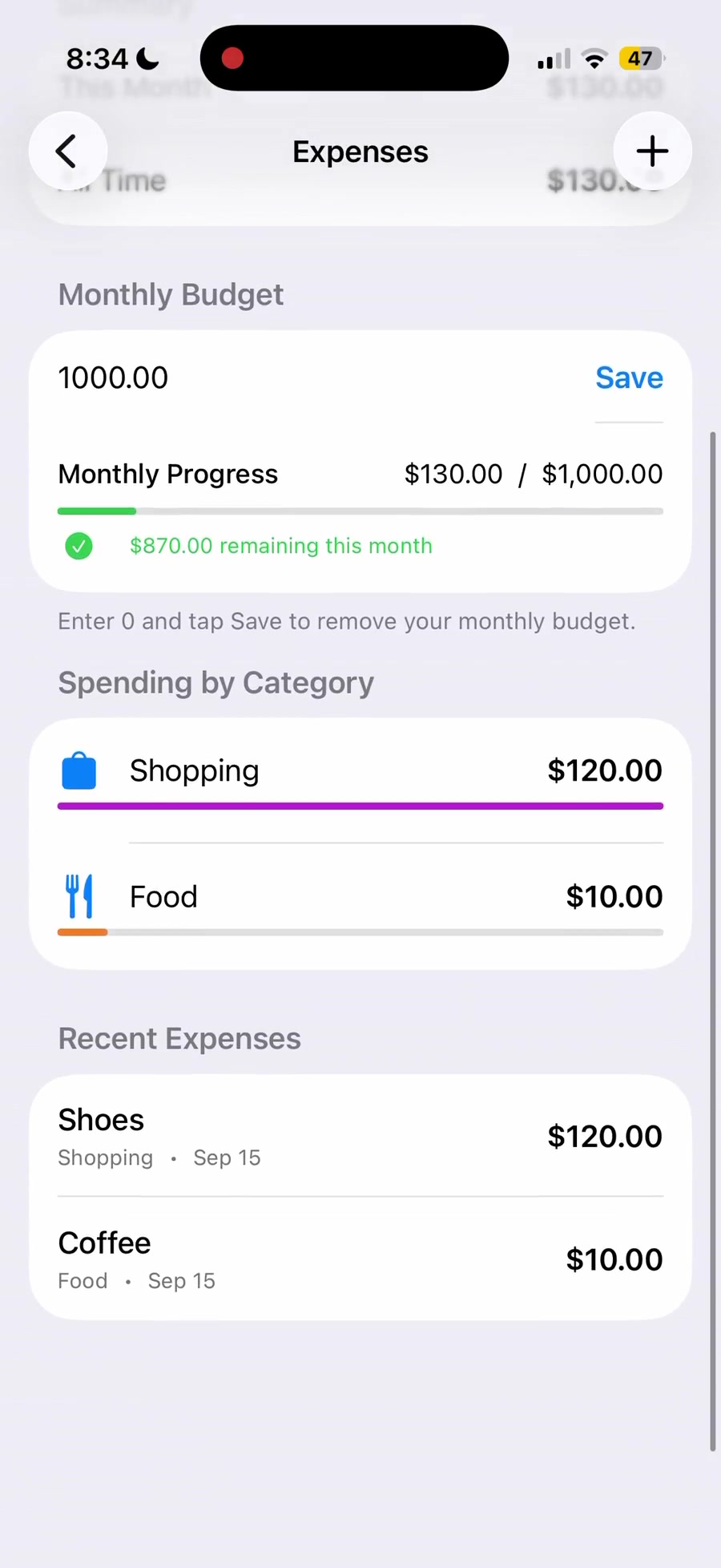 DRAI expenses screen