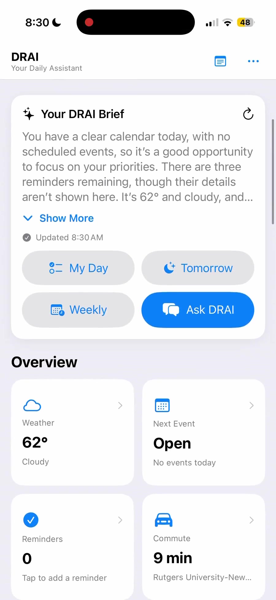 DRAI personalized daily overview