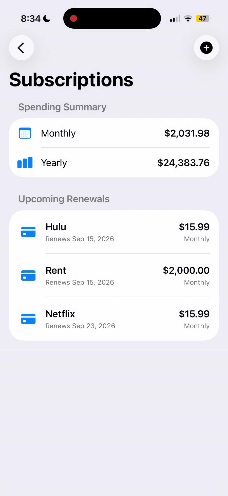 DRAI subscriptions screen